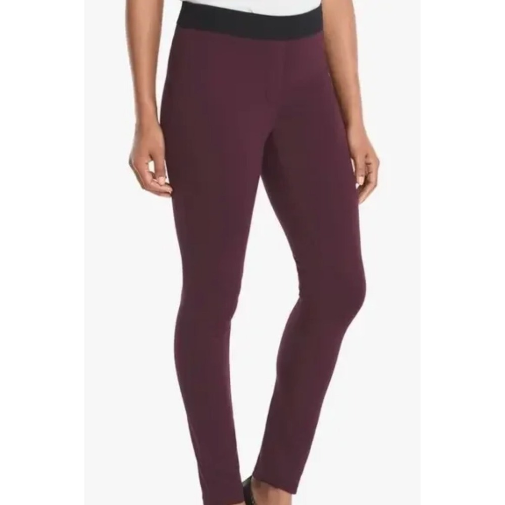 WHITE HOUSE BLACK MARKET Burgundy w/Black Waist PONTE KNIT LEGGINGS Side Zip 8
